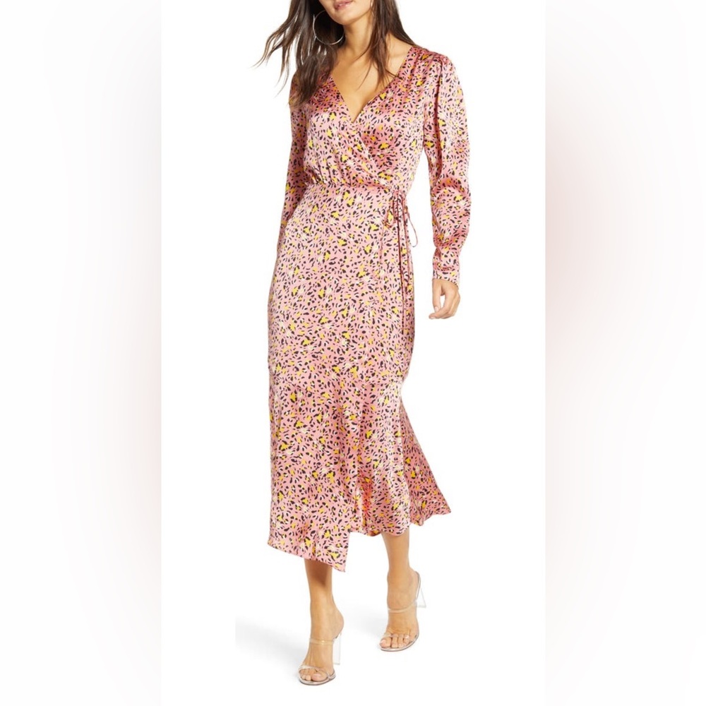 Leith Pink Leopard Satin Midi Wrap Dress